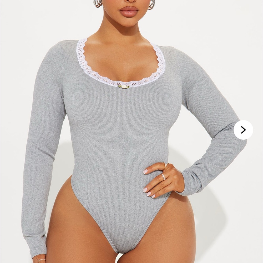 Gray Long Sleeve Bodysuit with Lace Trim
